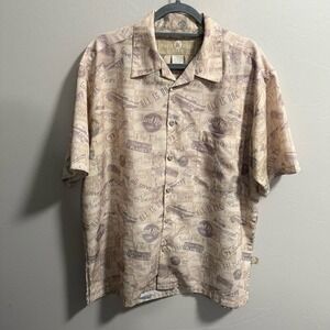 Hard Rock Cafe All Over Print Hawaiian Graphic Button Down‎ Shirt Tan Cream M